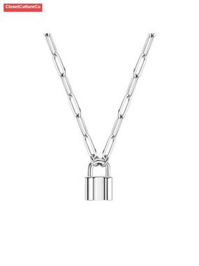Padlock Paperclip Link Necklace Silver Plated Stainless Steel